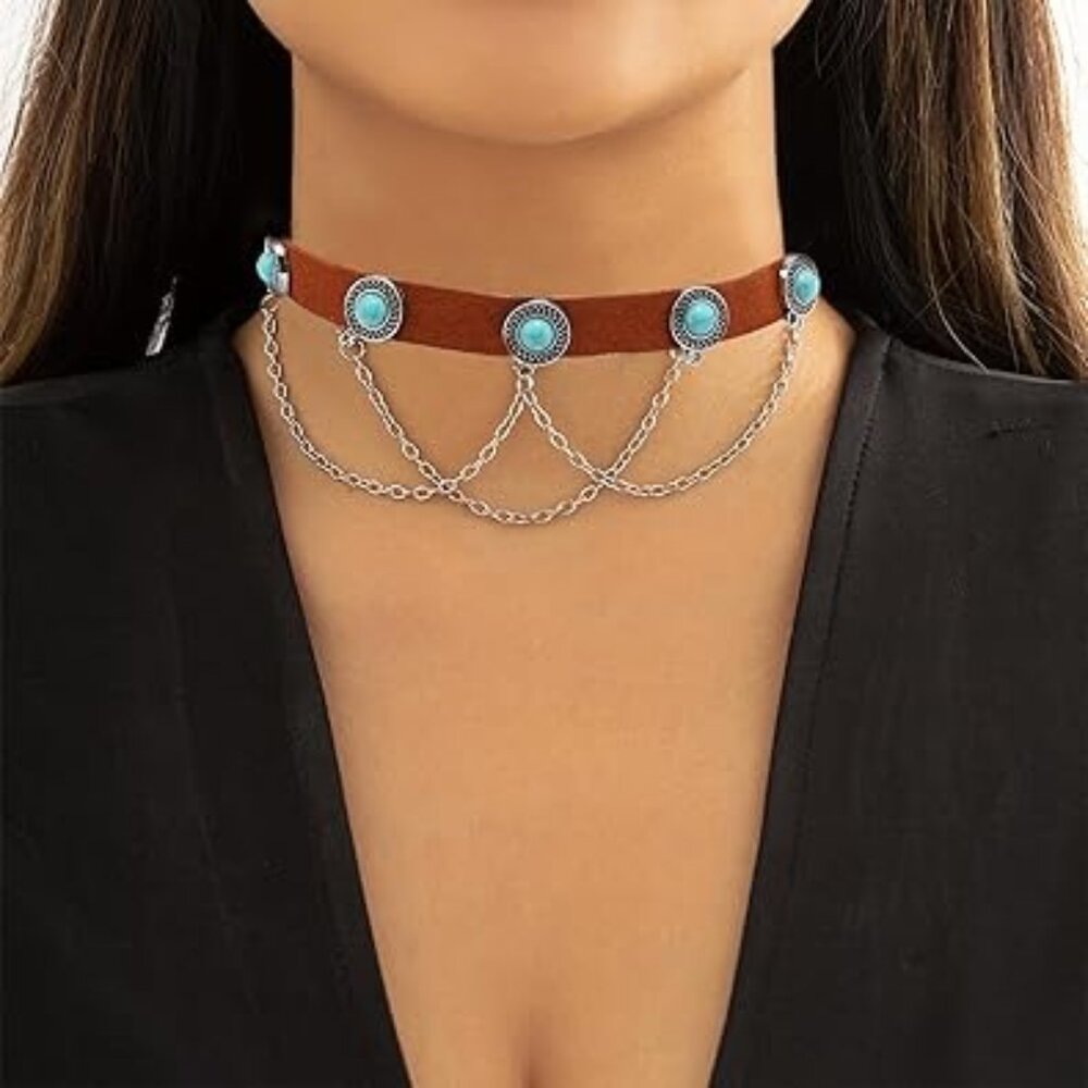 Brown Leather‎ Choker Necklace with Chains Turquoise Boho Bohemian